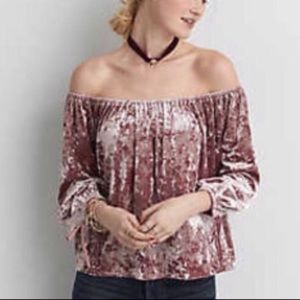 Blush velvet off the shoulder flowy top